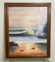 Sue Clark Signed Oil Painting Waves at the Beach