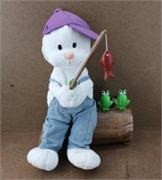 Vtg Animated Singing Fishing Bunny & Frogs on Log