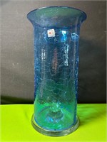 Blenko Blue Crackle Glass Hurricane Candle Holder