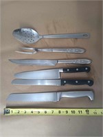 LOT OF SERVING UTENSILS AND KNIVES