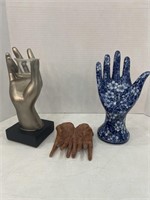 Hands (3, one candle holder, wood, blue/white)