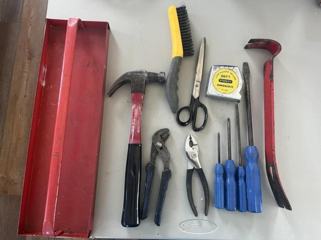 Hammer, screwdrivers, tape measure, miscellaneous