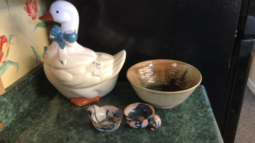 Ceramic goose cookie jar, pottery bowl 9in, and