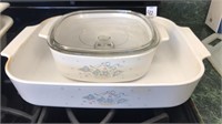 2 Blue floral basket corning ware; casserole and
