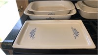 3 Blue cornflower corning ware; broil bake tray,