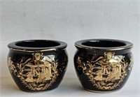 Two Small Asian Pots -Black & Gold Design