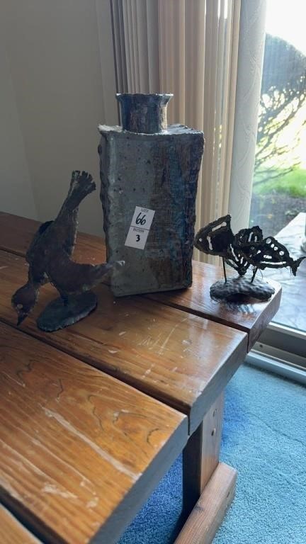 One homemade vases and two metal decorative