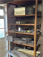 Metal shelf, rack, and contents of rack. See