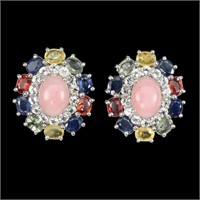 Natural Oval Pink Opal &  Sapphire Earrings