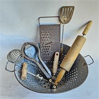 Enameled Colander, Wooden Rolling Pin, etc