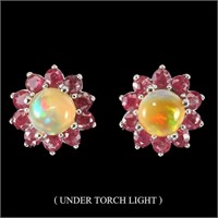 Natural Ethopian White Opal & Ruby Earrings