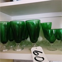 10 EMERALD HOBNAIL GREEN GLASSES, 4 SMALL JUICE,