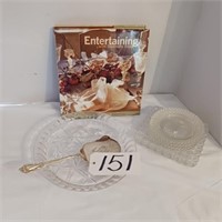 GLASS FOOTED PIE PLATE WITH VINTAGE ASSRTED PLATES