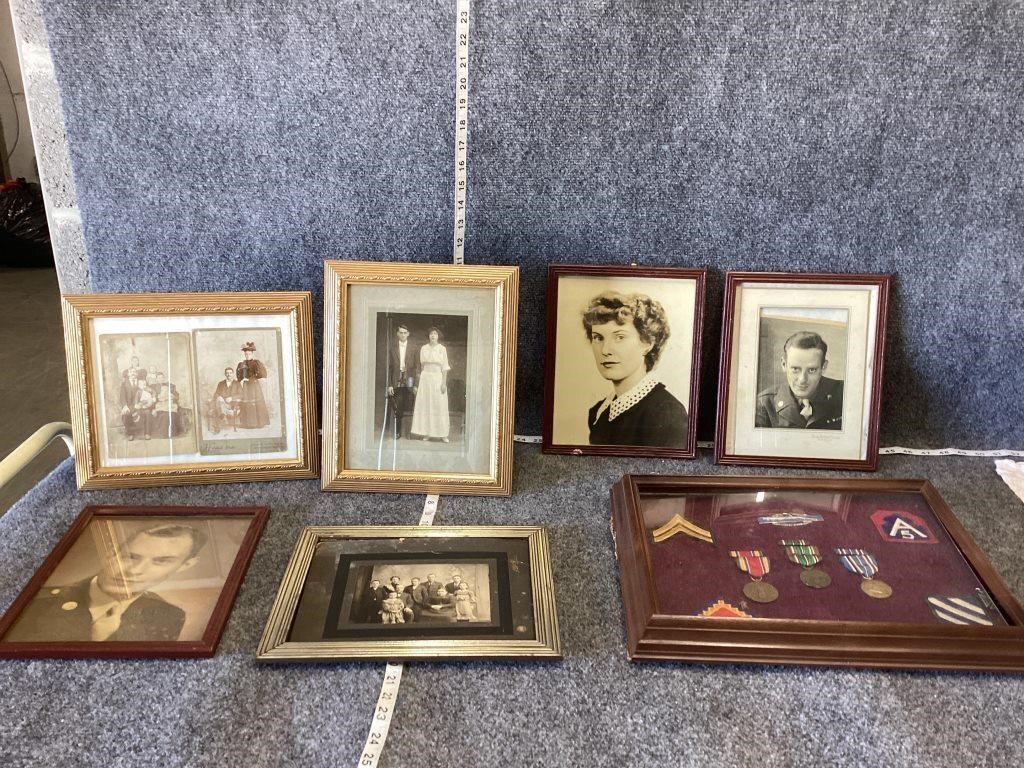 Old Framed Portraits and WWII Badges