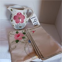 FLORAL PITCHER & TABLE CLOTH, NAPKINS