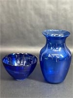 Hand-Blown Cobalt Blue Vase & Bowl