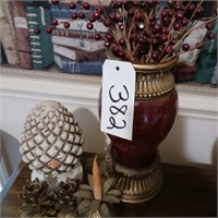 RED VASE, PINE CONE CANDLE HOLDERS, PINEAPPLE BELL