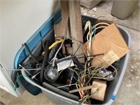 Gray tote of wires, miter saw