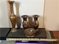 group of vtg brass vase & candle stand