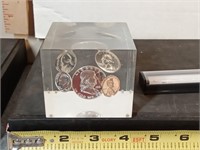 1963 Proof Coin Set in Lucite Cube paperweight