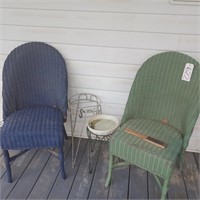 2 WICKER CHAIRS AS-IS WITH 2 PLANT STANDS