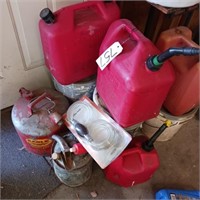 ASSORTMENT OF GAS CANS, FOLD UP CHAIRS, ETC.