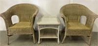 Two vintage wicker chairs and table