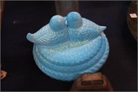 BLUE SLAG GLASS LOVE BIRD LIDDED DISH