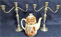 SPODE INDIAN TREE COFFEE POT & PLATED CANDLESTICKS