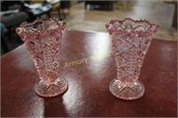 2 PINK PRESSED GLASS FOOTED VASES