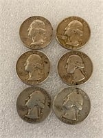 6 Silver Quarters assorted dates