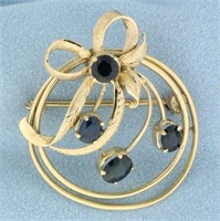 Vintage Sapphire Bow Design Pin in 14K Yellow Gold