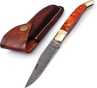 8.6" Handmade Damascus Steel Folding Knife Orange