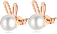 Cute Gold-pl. Pearl Rabbit Stud Earrings