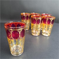 (6) Vintage Moroccan Magenta & Gold Tea Glasses