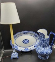 Flow Blue Platter & Victorian Ironware Pitcher