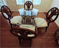 BEAUTIFUL GLASS TOP TABLE W 4 UPHOLSTERED CHAIRS