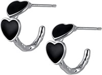 Unique Silver Black Heart Open Hoop Earrings