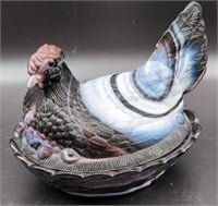Purple Slag Glass Hen on A Basket