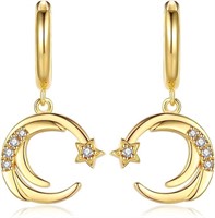 18k Gold-pl .20ct Topaz Moon Star Drop Earrings