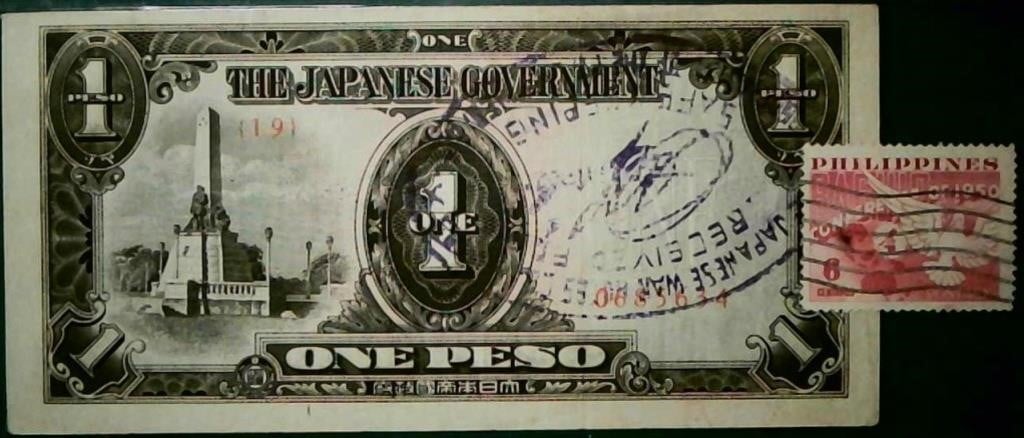 1940-1950 1 Peso Philippines note/Stamp 6 Ctv