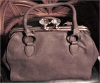 Large Gray Leather Handbag Huge Rhinestone Closure