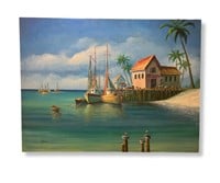 Large Oil Painting John Luini Tropical Scene Boats
