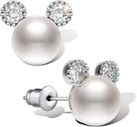 Round .44ct White Topaz & Pearl Mouse Earrings