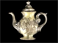 Etched Sterling Silver Teapot Brooch