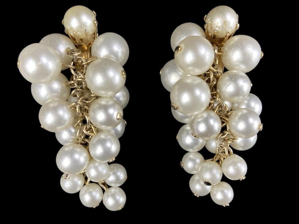 Faux Pearl Cluster Clip-On Dangle Earrings