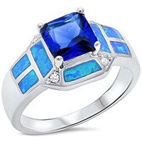 Silver Sapphire Opal Replica Austrian Crystal Ring