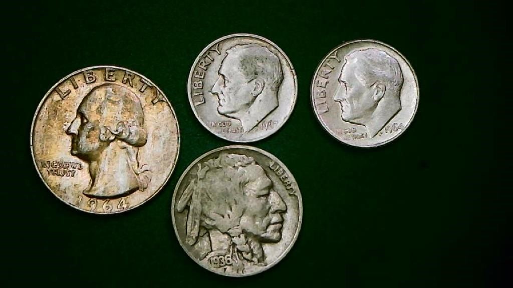 1964 D Quarter, 1964 Dime, 1967 Dime, 1936 Buffalo
