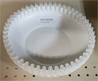 VTG. ROUND WHITE MILK GLASS BOWL WITH GLASS RUFFLE