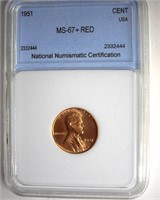 1951 Cent MS67+ RD LISTS $8500